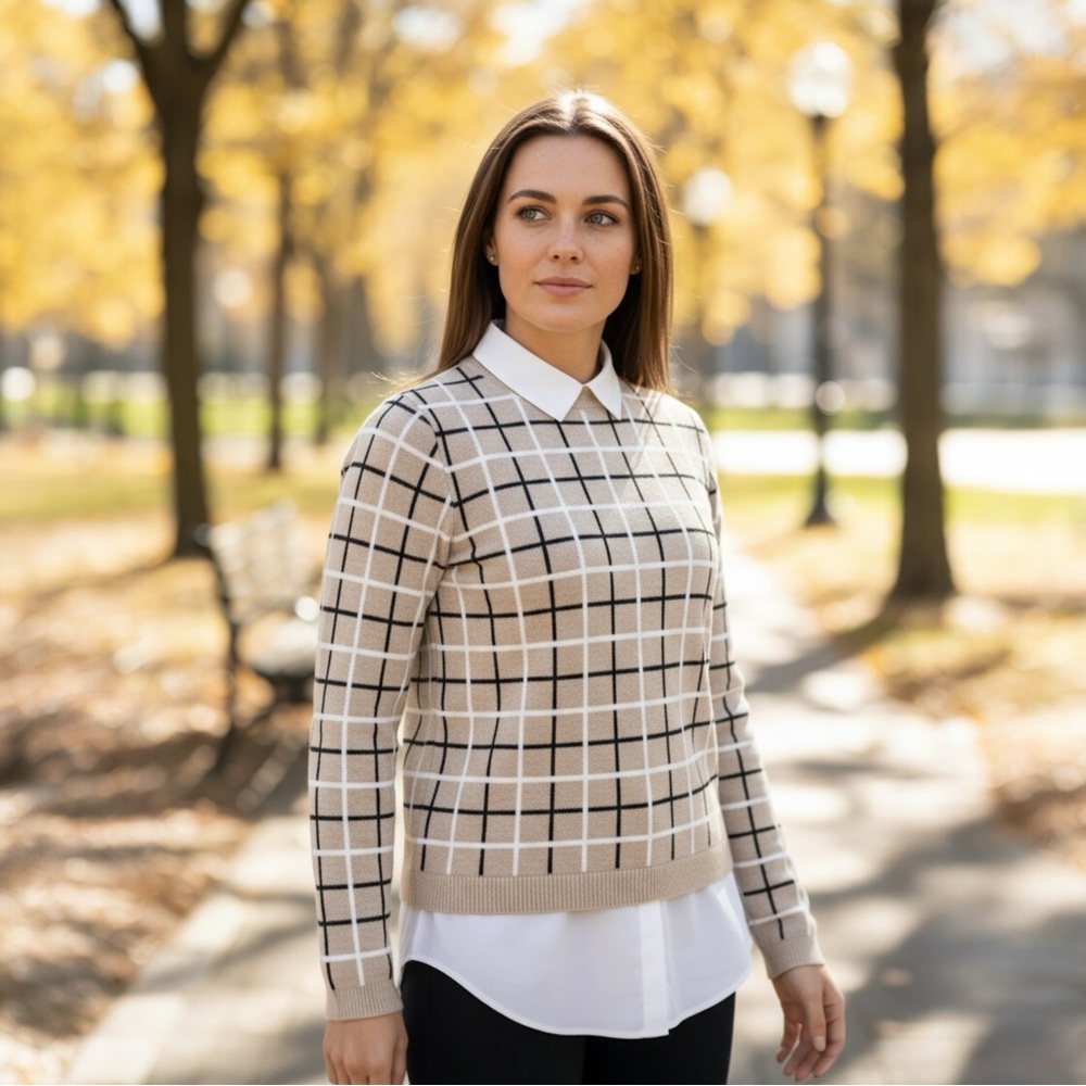 Tahari Windowpane Sweater with Faux Collar XS